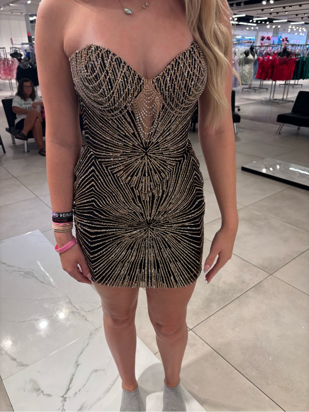 Strapless Black Mini Dress with Gold Beaded Design